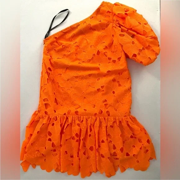 Zac Posen Dress Mini Floral Embroidered One-Shoulder Apricot Dress Size 4 - Picture 10 of 16
